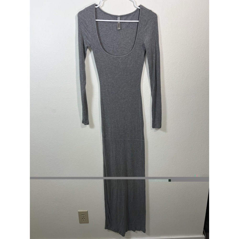 Skims Heather Gray Deep Scoop Neck Lounge Ribbed Long Sleeve Maxi Dress S Sexy